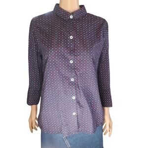Gretchen Scott L Navy Polka Dot Button Front Cotton Blouse Preppy Quiet Luxury